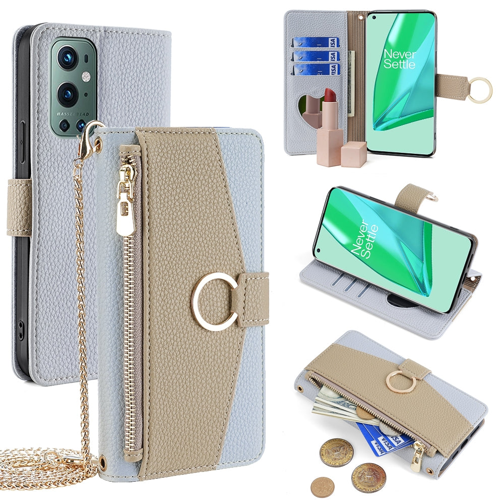 OnePlus 9 Pro Crossbody Phone Case with Litchi Texture Leather, Adjustable Kickstand, Card Slots, Zipper Purse, Makeup Mirror, and TPU Protection