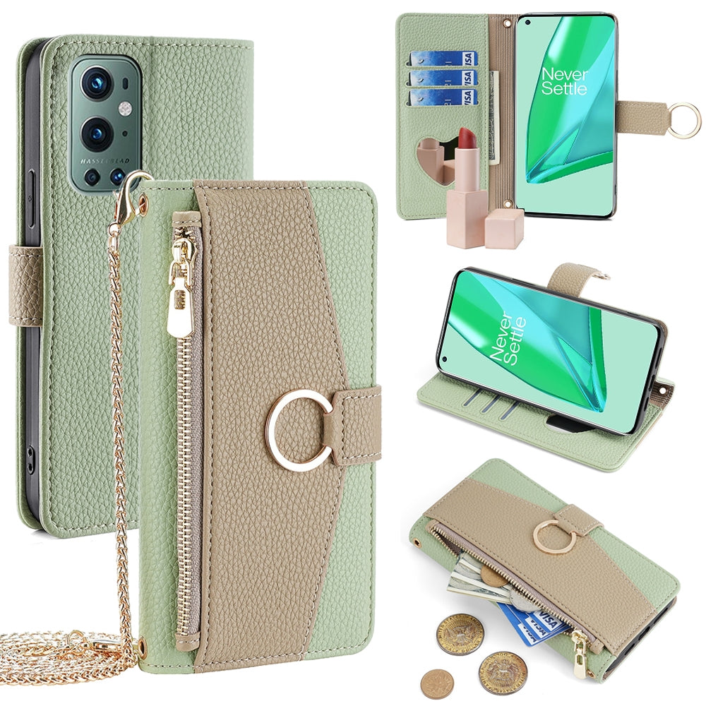 OnePlus 9 Pro Crossbody Phone Case with Litchi Texture Leather, Adjustable Kickstand, Card Slots, Zipper Purse, Makeup Mirror, and TPU Protection