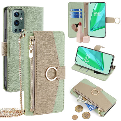 OnePlus 9 Pro Crossbody Phone Case with Litchi Texture Leather, Adjustable Kickstand, Card Slots, Zipper Purse, Makeup Mirror, and TPU Protection