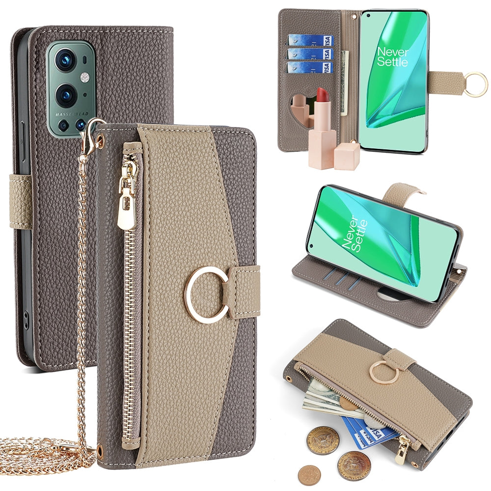 OnePlus 9 Pro Crossbody Phone Case with Litchi Texture Leather, Adjustable Kickstand, Card Slots, Zipper Purse, Makeup Mirror, and TPU Protection