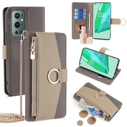 OnePlus 9 Pro Crossbody Phone Case with Litchi Texture Leather, Adjustable Kickstand, Card Slots, Zipper Purse, Makeup Mirror, and TPU Protection