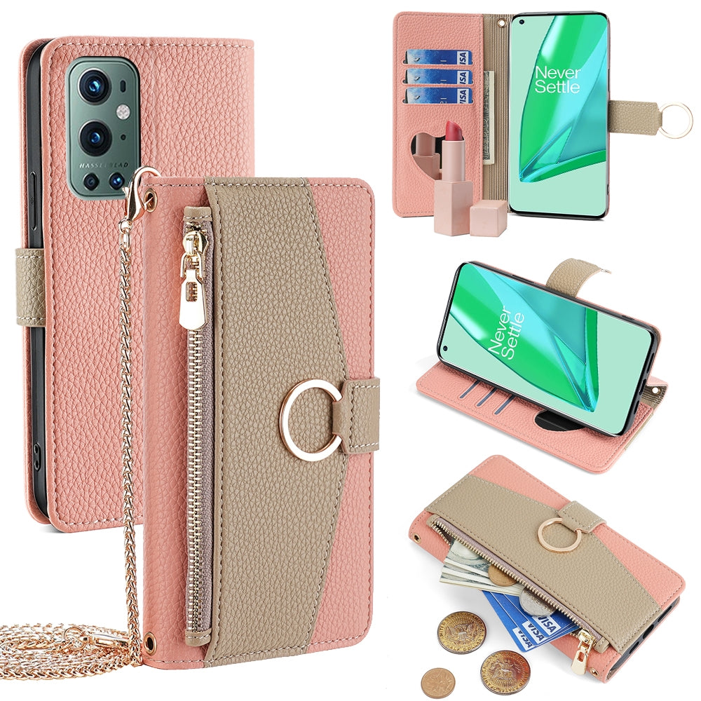 OnePlus 9 Pro Crossbody Phone Case with Litchi Texture Leather, Adjustable Kickstand, Card Slots, Zipper Purse, Makeup Mirror, and TPU Protection