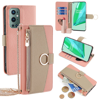 OnePlus 9 Pro Crossbody Phone Case with Litchi Texture Leather, Adjustable Kickstand, Card Slots, Zipper Purse, Makeup Mirror, and TPU Protection