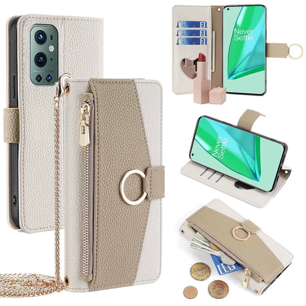 OnePlus 9 Pro Crossbody Phone Case with Litchi Texture Leather, Adjustable Kickstand, Card Slots, Zipper Purse, Makeup Mirror, and TPU Protection