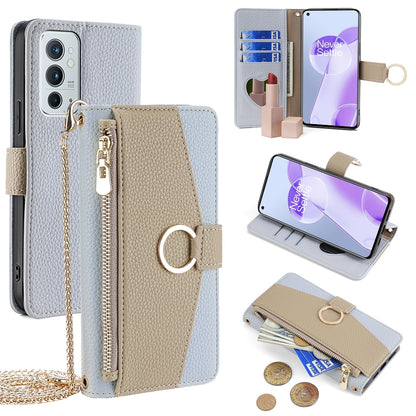OnePlus 9RT 5G Crossbody Phone Case with Litchi Texture Leather, Adjustable Kickstand, Card Slots, Zipper Purse, Makeup Mirror, and TPU Protection