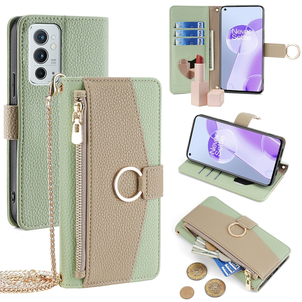 OnePlus 9RT 5G Crossbody Phone Case with Litchi Texture Leather, Adjustable Kickstand, Card Slots, Zipper Purse, Makeup Mirror, and TPU Protection