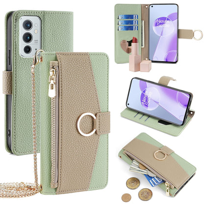 OnePlus 9RT 5G Crossbody Phone Case with Litchi Texture Leather, Adjustable Kickstand, Card Slots, Zipper Purse, Makeup Mirror, and TPU Protection