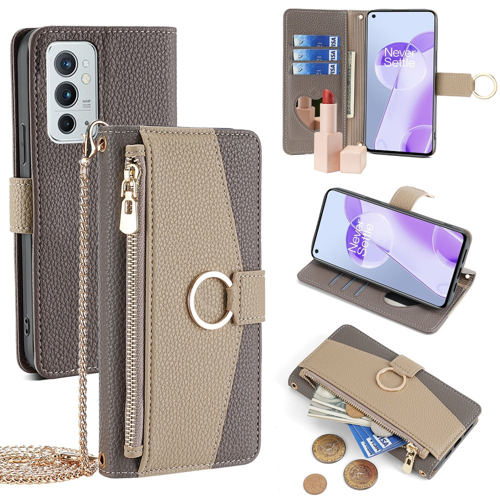 OnePlus 9RT 5G Crossbody Phone Case with Litchi Texture Leather, Adjustable Kickstand, Card Slots, Zipper Purse, Makeup Mirror, and TPU Protection