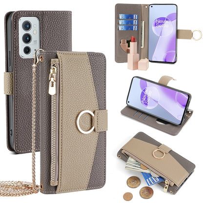 OnePlus 9RT 5G Crossbody Phone Case with Litchi Texture Leather, Adjustable Kickstand, Card Slots, Zipper Purse, Makeup Mirror, and TPU Protection