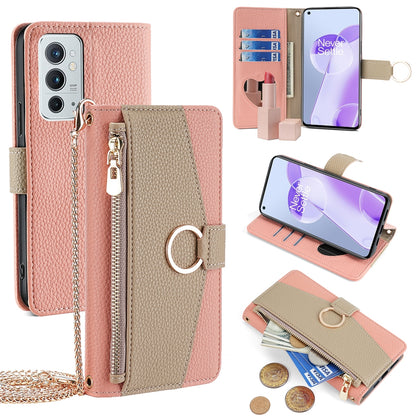 OnePlus 9RT 5G Crossbody Phone Case with Litchi Texture Leather, Adjustable Kickstand, Card Slots, Zipper Purse, Makeup Mirror, and TPU Protection