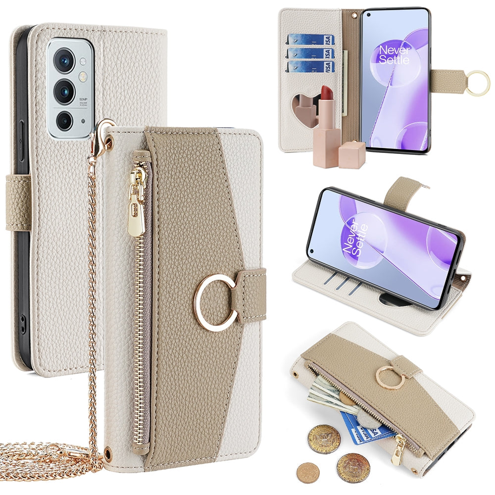 OnePlus 9RT 5G Crossbody Phone Case with Litchi Texture Leather, Adjustable Kickstand, Card Slots, Zipper Purse, Makeup Mirror, and TPU Protection