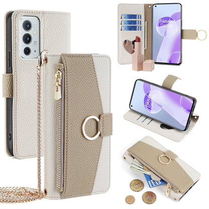 OnePlus 9RT 5G Crossbody Phone Case with Litchi Texture Leather, Adjustable Kickstand, Card Slots, Zipper Purse, Makeup Mirror, and TPU Protection