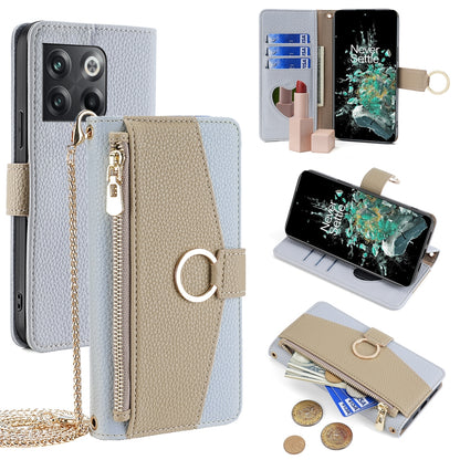 OnePlus 10T Crossbody Phone Case with Litchi Texture Leather, Adjustable Kickstand, Card Slots, Zipper Purse, Makeup Mirror, and TPU Protection