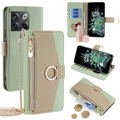 OnePlus 10T Crossbody Phone Case with Litchi Texture Leather, Adjustable Kickstand, Card Slots, Zipper Purse, Makeup Mirror, and TPU Protection