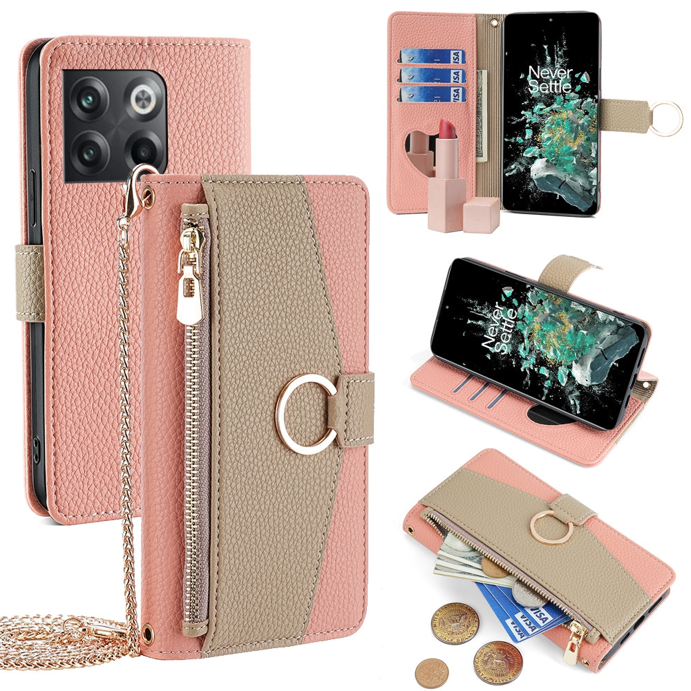 OnePlus 10T Crossbody Phone Case with Litchi Texture Leather, Adjustable Kickstand, Card Slots, Zipper Purse, Makeup Mirror, and TPU Protection