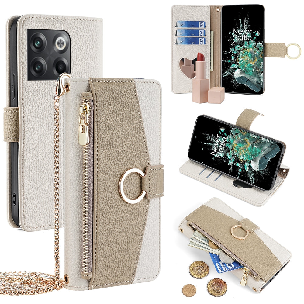 OnePlus 10T Crossbody Phone Case with Litchi Texture Leather, Adjustable Kickstand, Card Slots, Zipper Purse, Makeup Mirror, and TPU Protection
