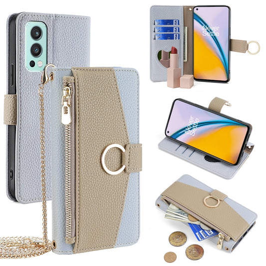 OnePlus Nord 2 5G Crossbody Phone Case with Litchi Texture Leather, Adjustable Kickstand, Card Slots, Zipper Purse, Makeup Mirror, and TPU Protection
