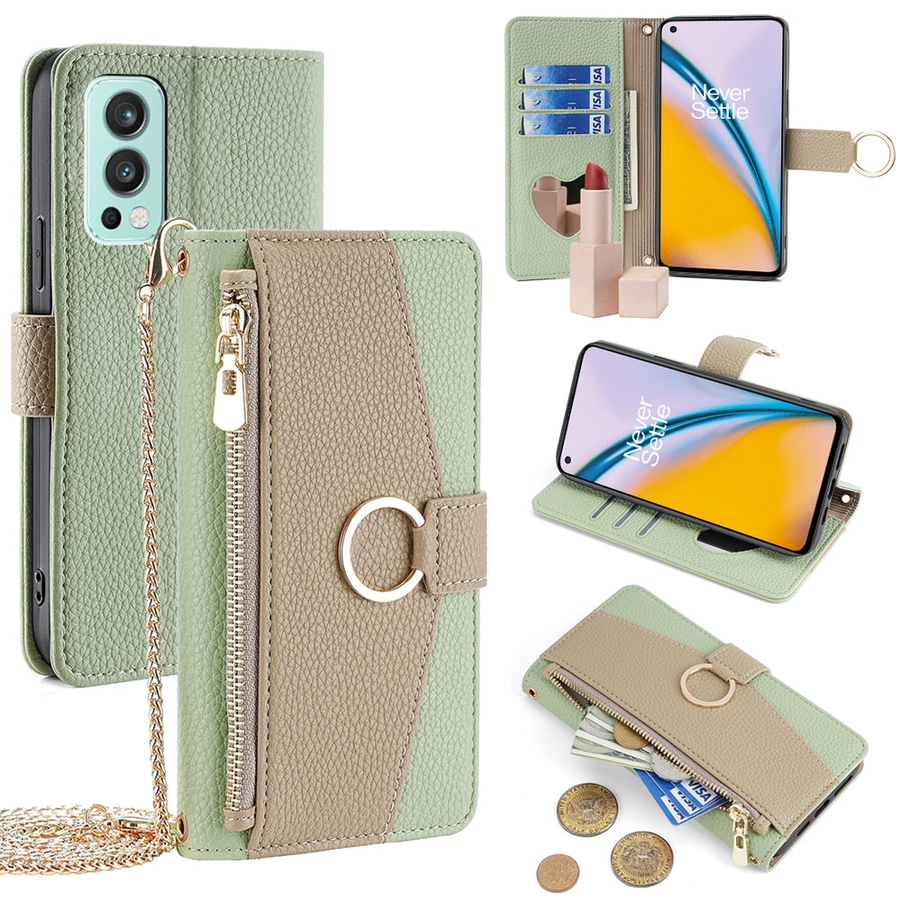 OnePlus Nord 2 5G Crossbody Phone Case with Litchi Texture Leather, Adjustable Kickstand, Card Slots, Zipper Purse, Makeup Mirror, and TPU Protection