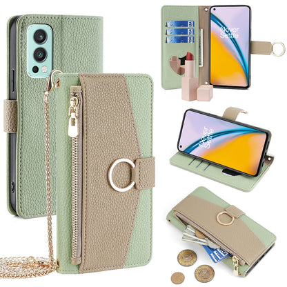 OnePlus Nord 2 5G Crossbody Phone Case with Litchi Texture Leather, Adjustable Kickstand, Card Slots, Zipper Purse, Makeup Mirror, and TPU Protection