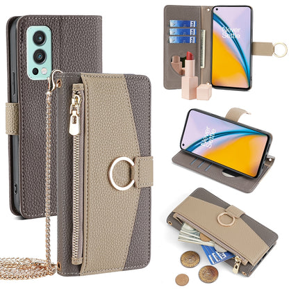 OnePlus Nord 2 5G Crossbody Phone Case with Litchi Texture Leather, Adjustable Kickstand, Card Slots, Zipper Purse, Makeup Mirror, and TPU Protection