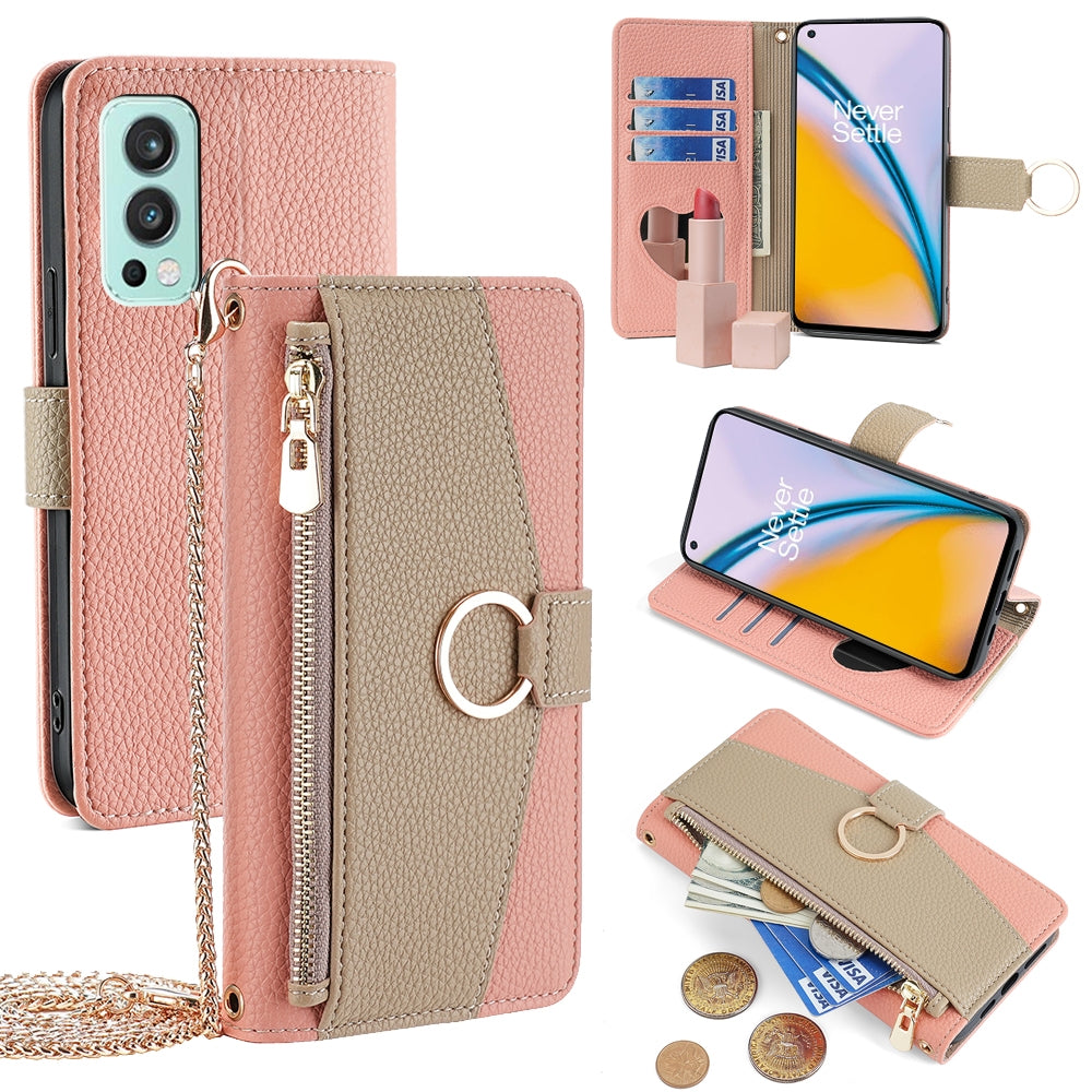 OnePlus Nord 2 5G Crossbody Phone Case with Litchi Texture Leather, Adjustable Kickstand, Card Slots, Zipper Purse, Makeup Mirror, and TPU Protection