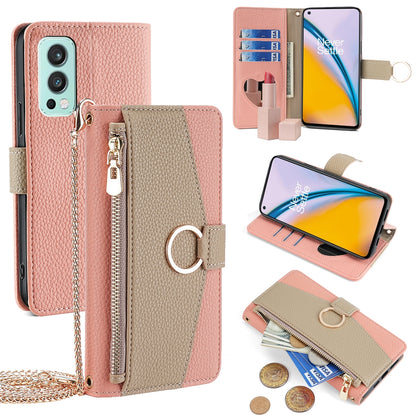 OnePlus Nord 2 5G Crossbody Phone Case with Litchi Texture Leather, Adjustable Kickstand, Card Slots, Zipper Purse, Makeup Mirror, and TPU Protection