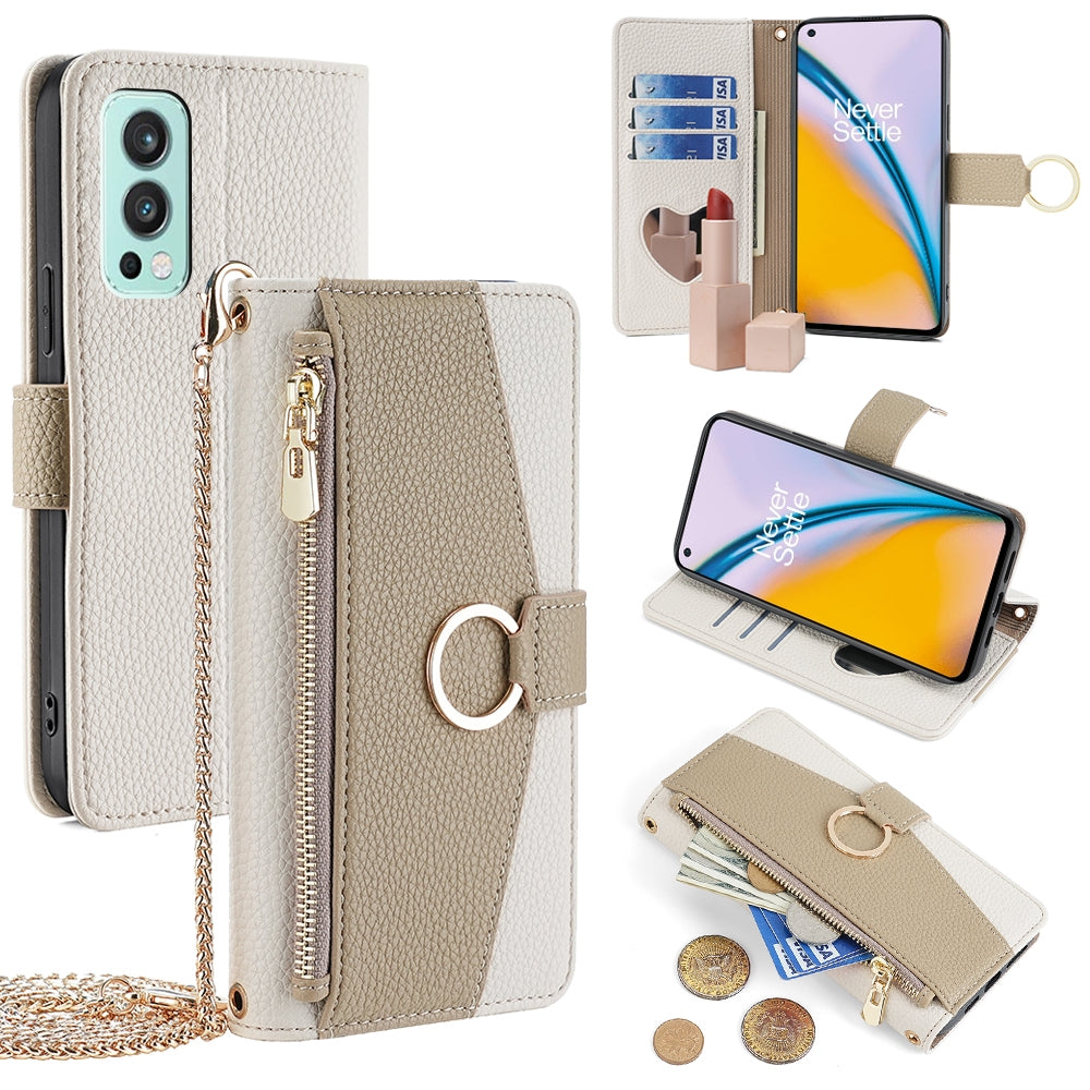 OnePlus Nord 2 5G Crossbody Phone Case with Litchi Texture Leather, Adjustable Kickstand, Card Slots, Zipper Purse, Makeup Mirror, and TPU Protection