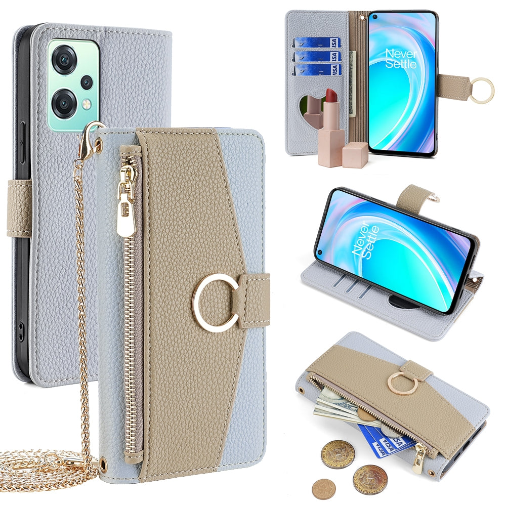 OnePlus Nord CE 2 Lite 5G Crossbody Phone Case with Litchi Texture Leather, Adjustable Kickstand, Card Slots, Zipper Purse, Makeup Mirror, and TPU Protection