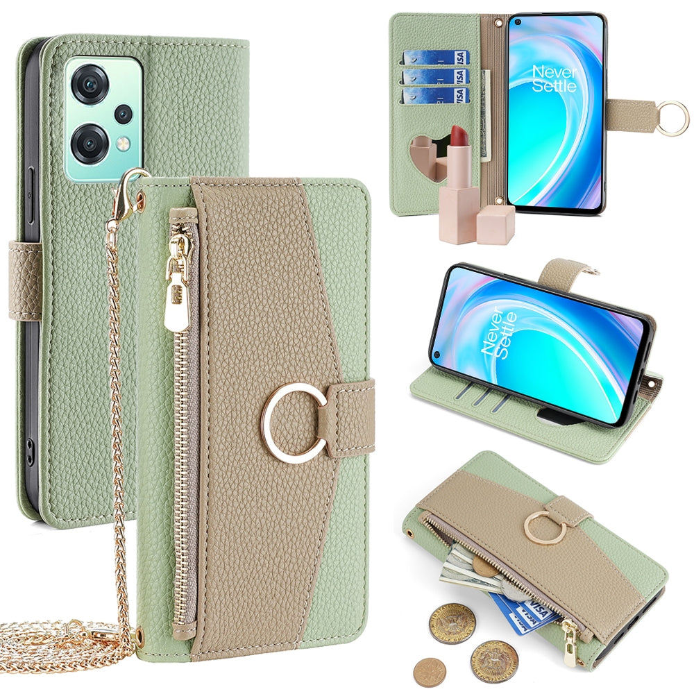 OnePlus Nord CE 2 Lite 5G Crossbody Phone Case with Litchi Texture Leather, Adjustable Kickstand, Card Slots, Zipper Purse, Makeup Mirror, and TPU Protection
