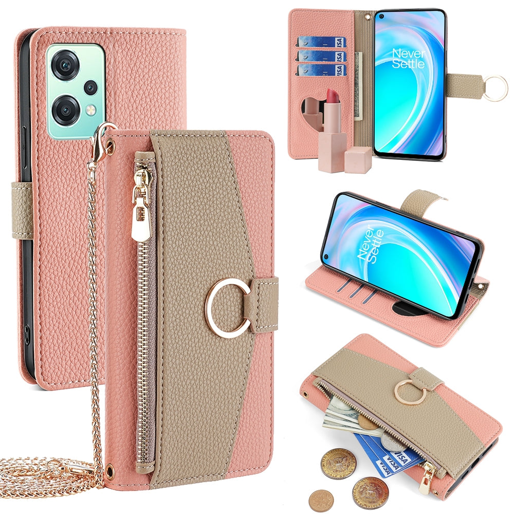 OnePlus Nord CE 2 Lite 5G Crossbody Phone Case with Litchi Texture Leather, Adjustable Kickstand, Card Slots, Zipper Purse, Makeup Mirror, and TPU Protection