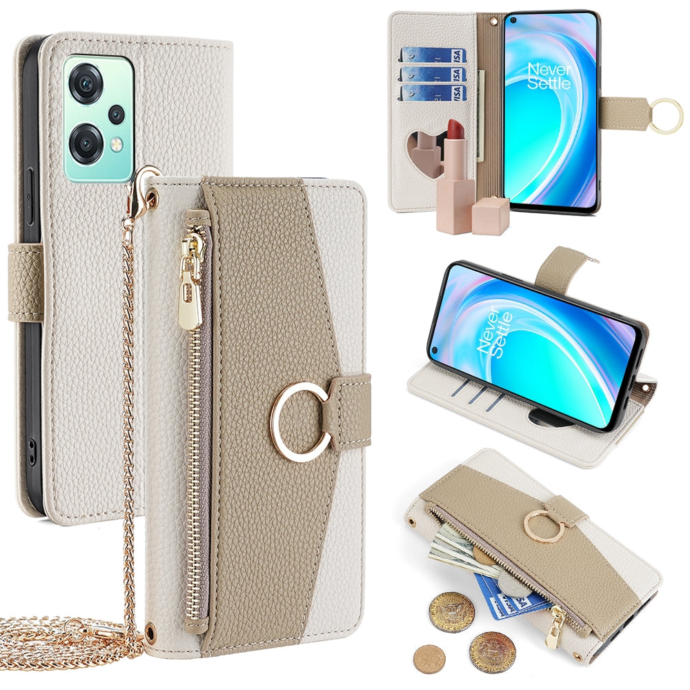 OnePlus Nord CE 2 Lite 5G Crossbody Phone Case with Litchi Texture Leather, Adjustable Kickstand, Card Slots, Zipper Purse, Makeup Mirror, and TPU Protection
