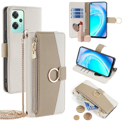 OnePlus Nord CE 2 Lite 5G Crossbody Phone Case with Litchi Texture Leather, Adjustable Kickstand, Card Slots, Zipper Purse, Makeup Mirror, and TPU Protection
