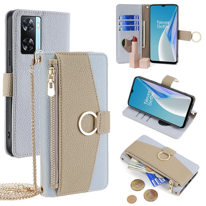 OnePlus Nord N20 SE Crossbody Phone Case with Litchi Texture Leather, Adjustable Kickstand, Card Slots, Zipper Purse, Makeup Mirror, and TPU Protection