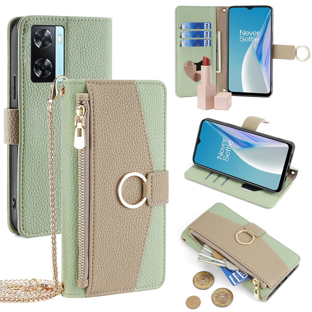 OnePlus Nord N20 SE Crossbody Phone Case with Litchi Texture Leather, Adjustable Kickstand, Card Slots, Zipper Purse, Makeup Mirror, and TPU Protection