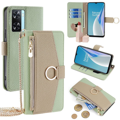 OnePlus Nord N20 SE Crossbody Phone Case with Litchi Texture Leather, Adjustable Kickstand, Card Slots, Zipper Purse, Makeup Mirror, and TPU Protection