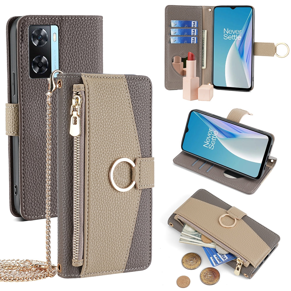 OnePlus Nord N20 SE Crossbody Phone Case with Litchi Texture Leather, Adjustable Kickstand, Card Slots, Zipper Purse, Makeup Mirror, and TPU Protection
