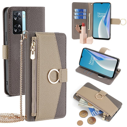 OnePlus Nord N20 SE Crossbody Phone Case with Litchi Texture Leather, Adjustable Kickstand, Card Slots, Zipper Purse, Makeup Mirror, and TPU Protection
