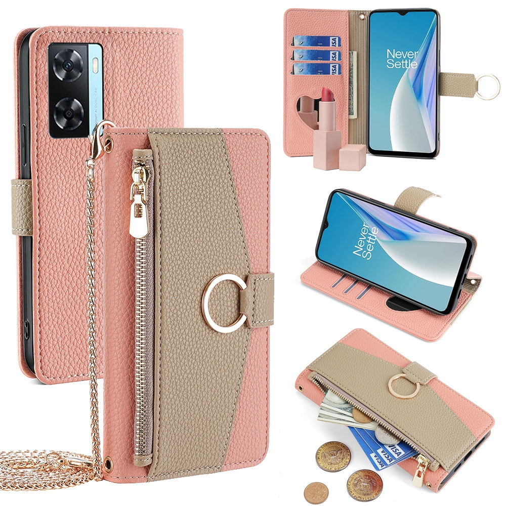 OnePlus Nord N20 SE Crossbody Phone Case with Litchi Texture Leather, Adjustable Kickstand, Card Slots, Zipper Purse, Makeup Mirror, and TPU Protection