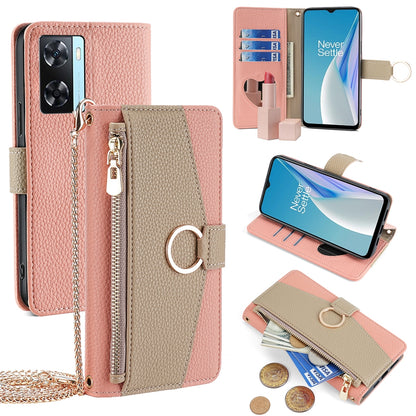 OnePlus Nord N20 SE Crossbody Phone Case with Litchi Texture Leather, Adjustable Kickstand, Card Slots, Zipper Purse, Makeup Mirror, and TPU Protection