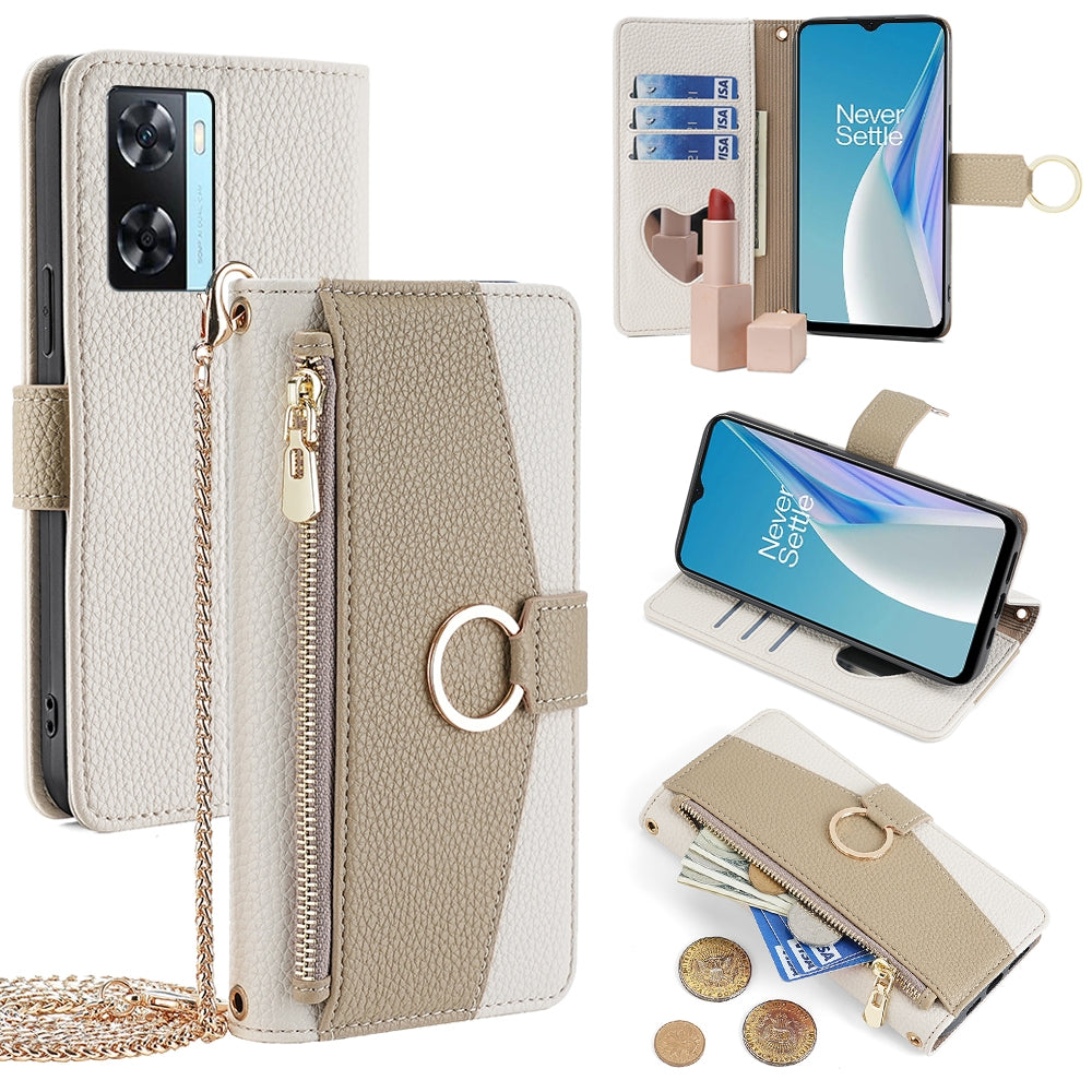 OnePlus Nord N20 SE Crossbody Phone Case with Litchi Texture Leather, Adjustable Kickstand, Card Slots, Zipper Purse, Makeup Mirror, and TPU Protection