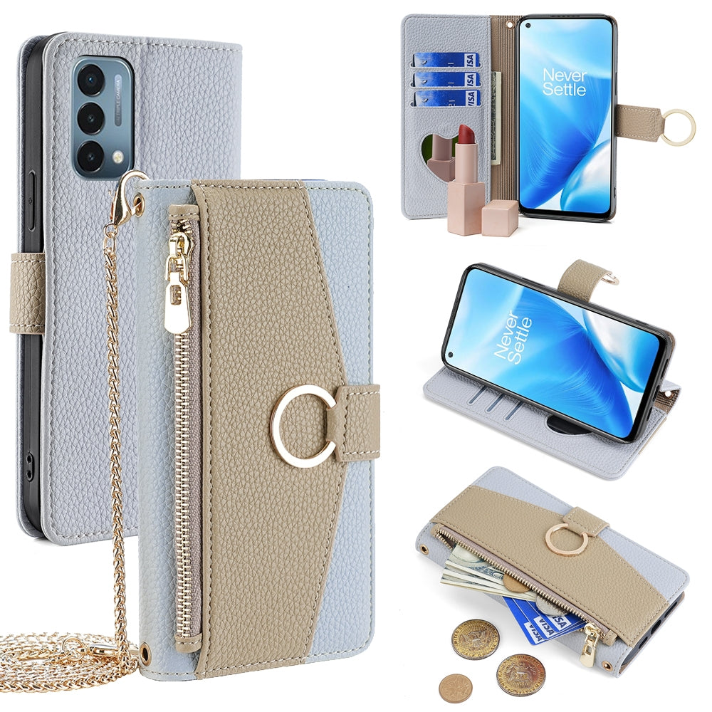 OnePlus Nord N200 5G Crossbody Phone Case with Litchi Texture Leather, Adjustable Kickstand, Card Slots, Zipper Purse, Makeup Mirror, and TPU Protection