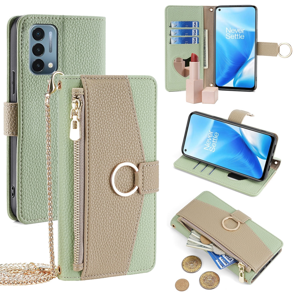 OnePlus Nord N200 5G Crossbody Phone Case with Litchi Texture Leather, Adjustable Kickstand, Card Slots, Zipper Purse, Makeup Mirror, and TPU Protection
