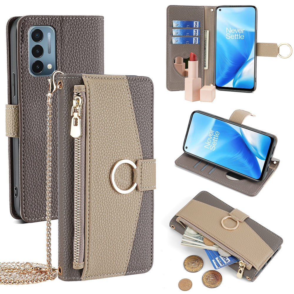 OnePlus Nord N200 5G Crossbody Phone Case with Litchi Texture Leather, Adjustable Kickstand, Card Slots, Zipper Purse, Makeup Mirror, and TPU Protection