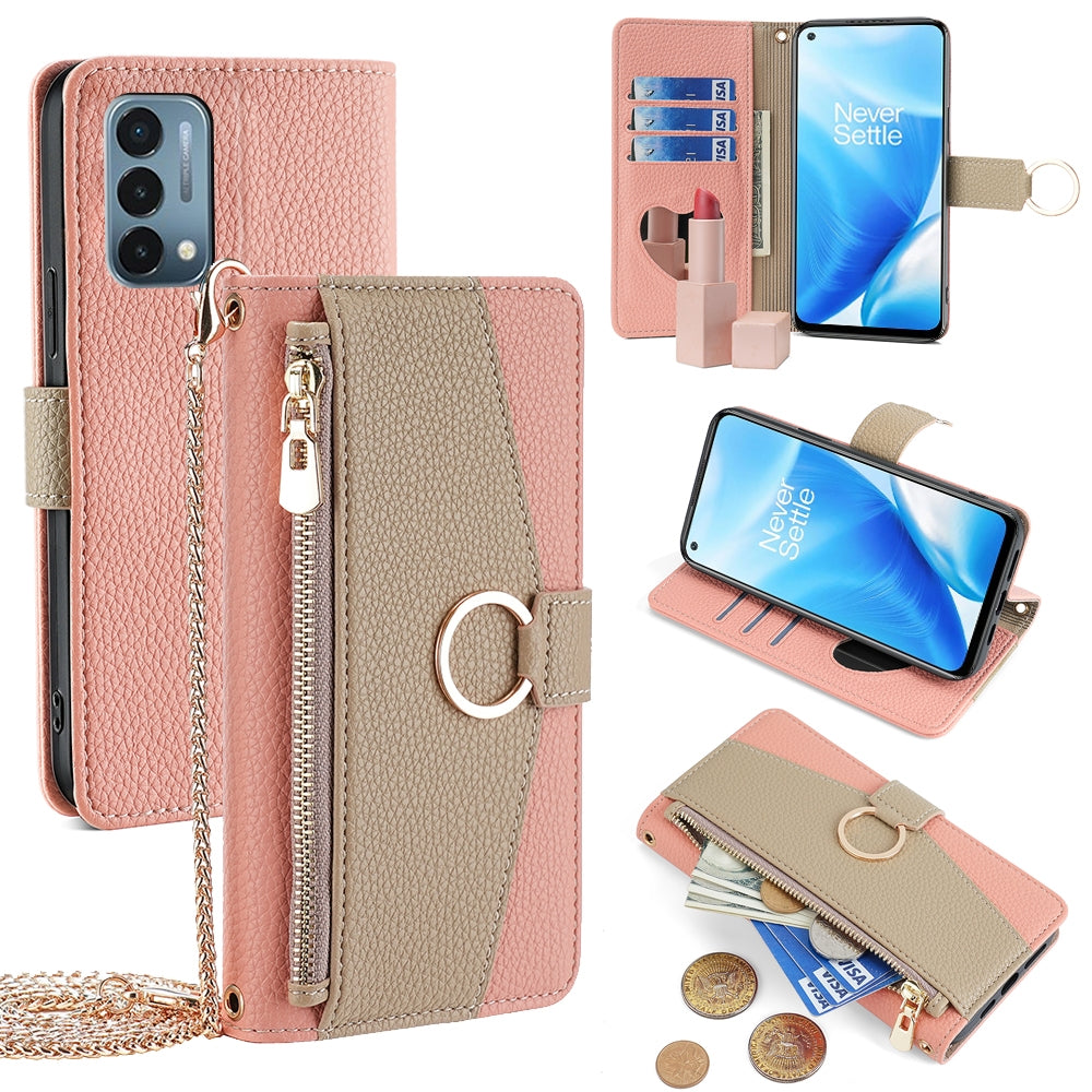 OnePlus Nord N200 5G Crossbody Phone Case with Litchi Texture Leather, Adjustable Kickstand, Card Slots, Zipper Purse, Makeup Mirror, and TPU Protection