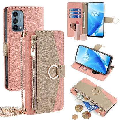OnePlus Nord N200 5G Crossbody Phone Case with Litchi Texture Leather, Adjustable Kickstand, Card Slots, Zipper Purse, Makeup Mirror, and TPU Protection