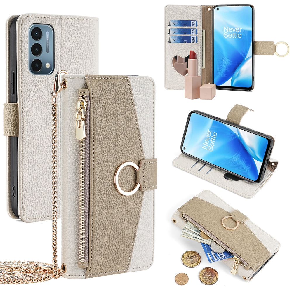OnePlus Nord N200 5G Crossbody Phone Case with Litchi Texture Leather, Adjustable Kickstand, Card Slots, Zipper Purse, Makeup Mirror, and TPU Protection