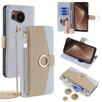 Sharp Aquos Sense7 Plus Crossbody Phone Case with Litchi Texture Leather, Adjustable Kickstand, Card Slots, Zipper Purse, Makeup Mirror, and TPU Protection
