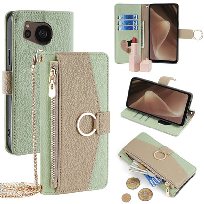 Sharp Aquos Sense7 Plus Crossbody Phone Case with Litchi Texture Leather, Adjustable Kickstand, Card Slots, Zipper Purse, Makeup Mirror, and TPU Protection