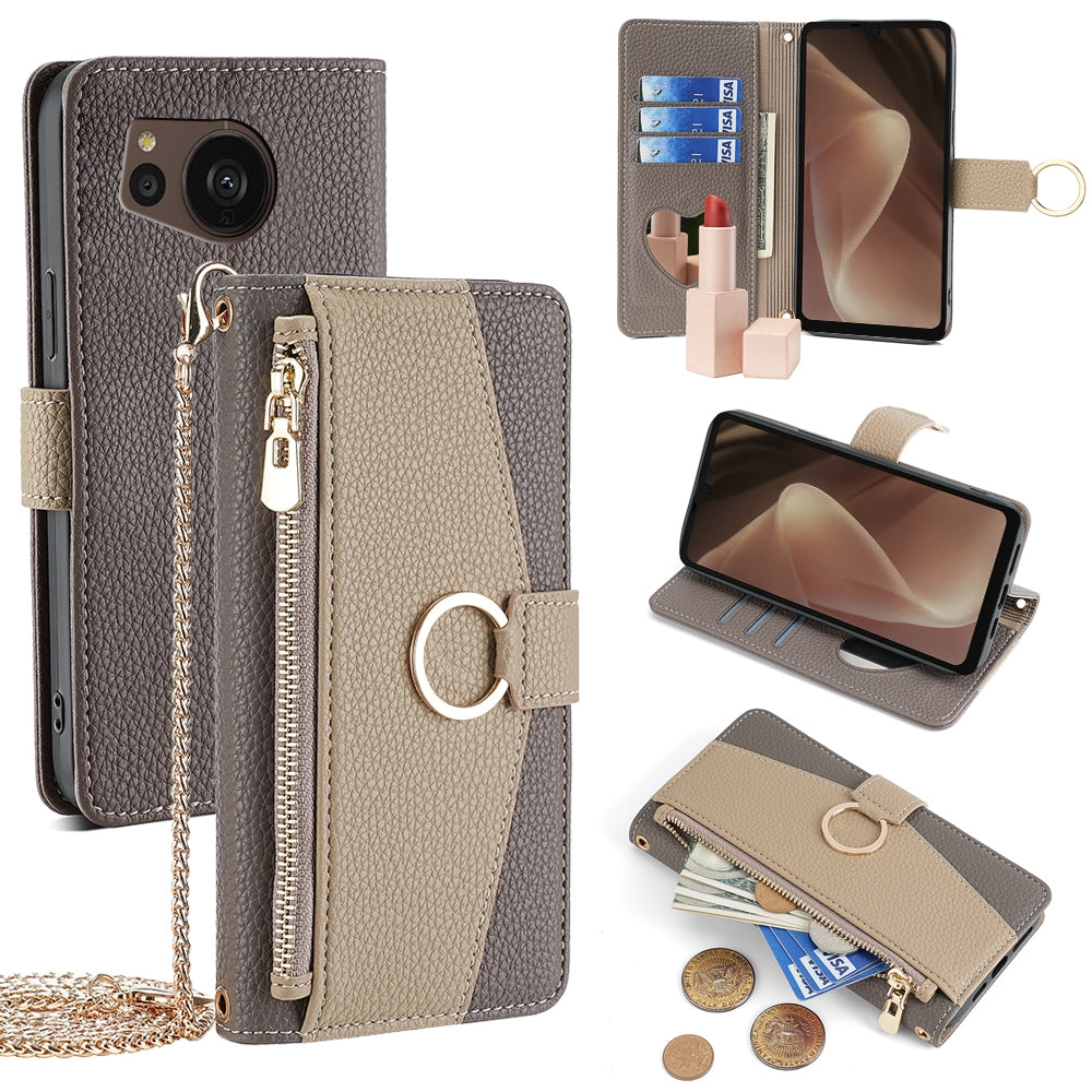 Sharp Aquos Sense7 Plus Crossbody Phone Case with Litchi Texture Leather, Adjustable Kickstand, Card Slots, Zipper Purse, Makeup Mirror, and TPU Protection