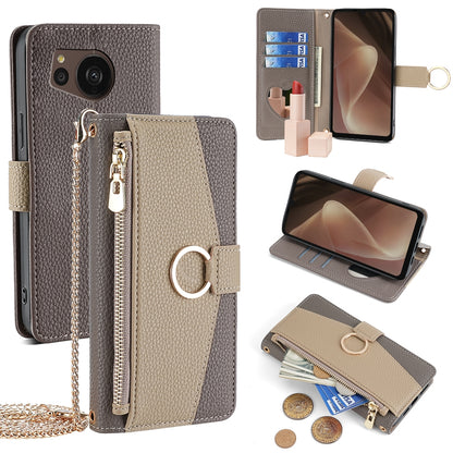 Sharp Aquos Sense7 Plus Crossbody Phone Case with Litchi Texture Leather, Adjustable Kickstand, Card Slots, Zipper Purse, Makeup Mirror, and TPU Protection